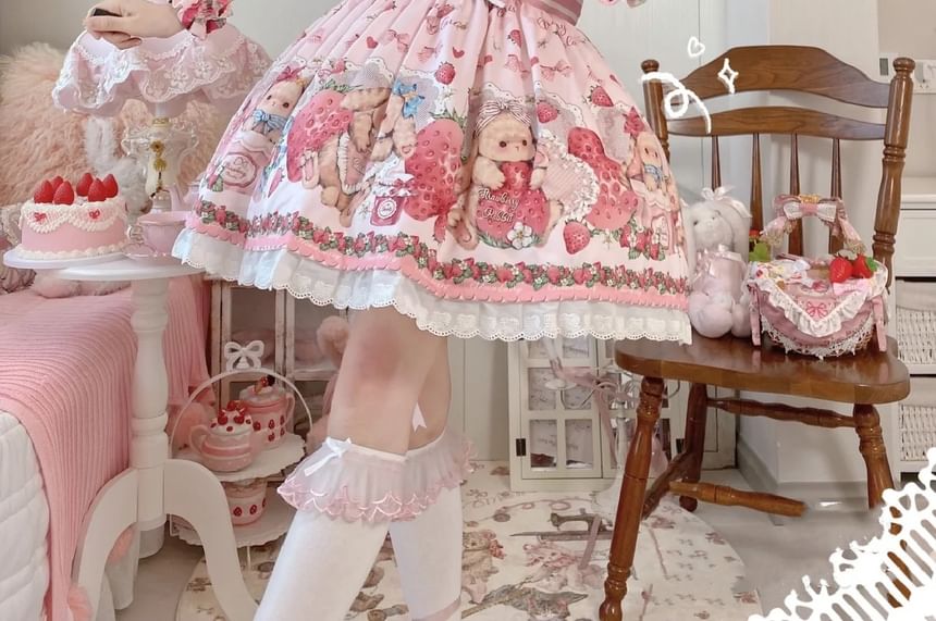 Spaghetti Strap V-Neck Rabbit Print Mini A-Line Dress / Short-Sleeve Blouse / Set