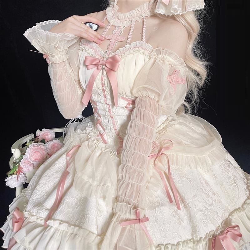 Off Shoulder Ruffle Trim Bowknot Print Chiffon A-Line Dress / Arm Sleeves / Set