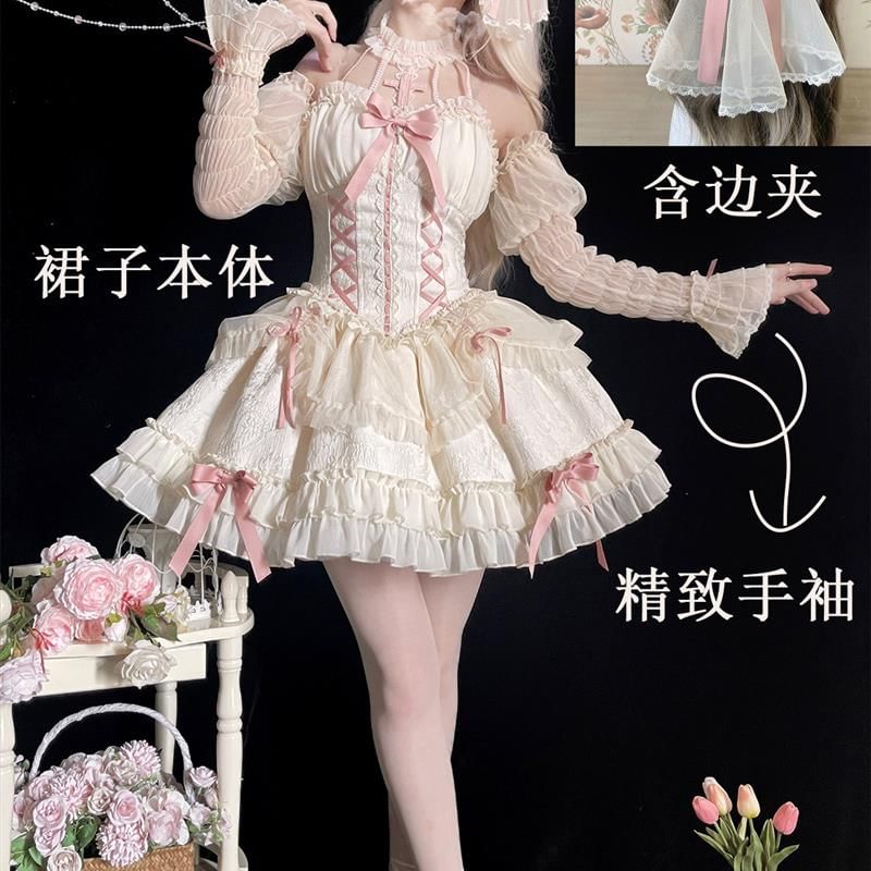 Off Shoulder Ruffle Trim Bowknot Print Chiffon A-Line Dress / Arm Sleeves / Set