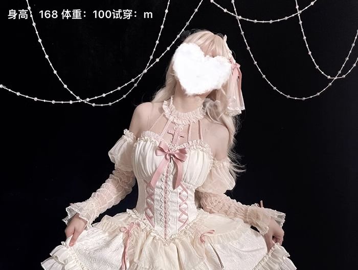 Off Shoulder Ruffle Trim Bowknot Print Chiffon A-Line Dress / Arm Sleeves / Set