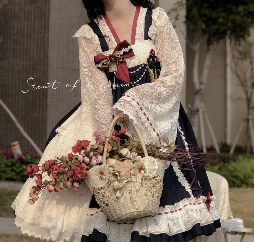 Long-Sleeve V-Neck Two Tone Lace Top / Suspender A-Line Dress / Set