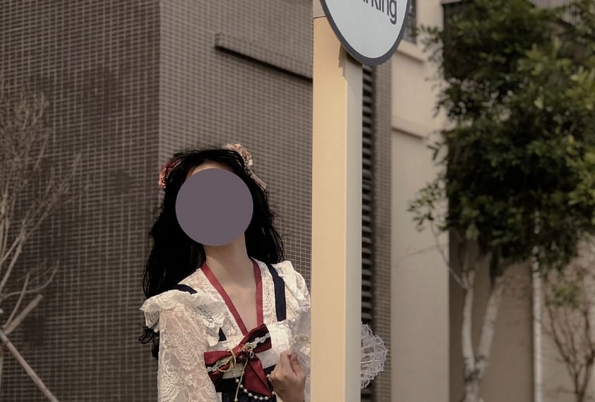 Long-Sleeve V-Neck Two Tone Lace Top / Suspender A-Line Dress / Set