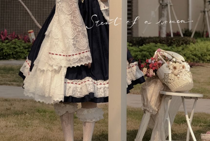 Long-Sleeve V-Neck Two Tone Lace Top / Suspender A-Line Dress / Set