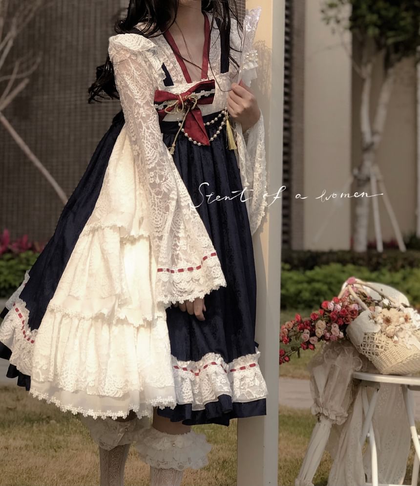 Long-Sleeve V-Neck Two Tone Lace Top / Suspender A-Line Dress / Set