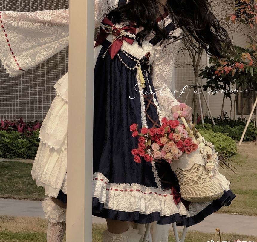 Long-Sleeve V-Neck Two Tone Lace Top / Suspender A-Line Dress / Set