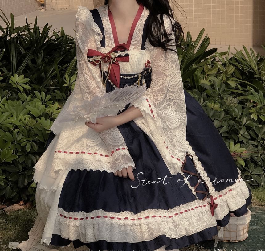 Long-Sleeve V-Neck Two Tone Lace Top / Suspender A-Line Dress / Set