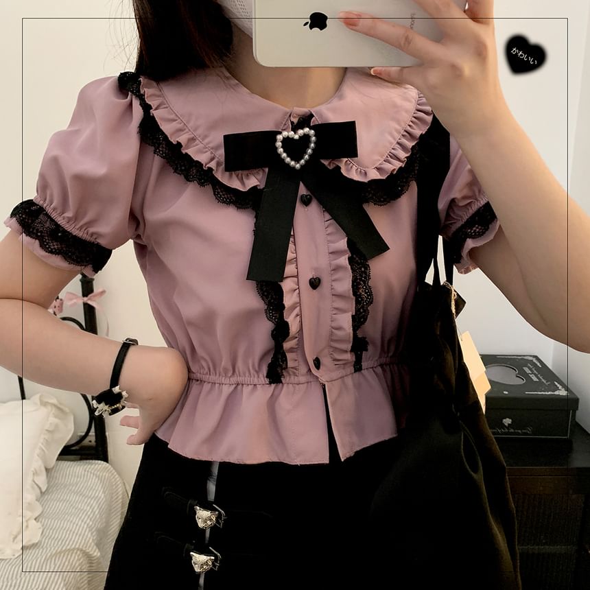 Short-Sleeve Collared Plain Bow Tie Lace Trim Blouse
