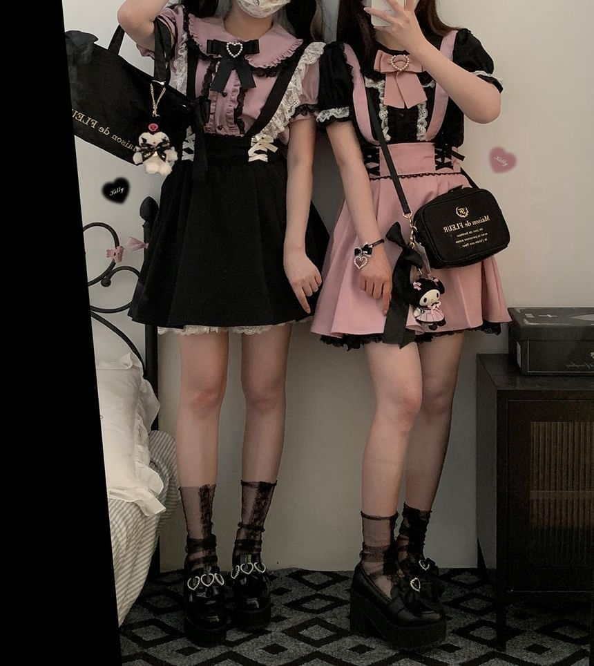 Short-Sleeve Collared Plain Bow Tie Lace Trim Blouse