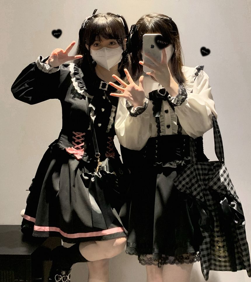 Collared Plain Bow Tie Lace Trim Blouse