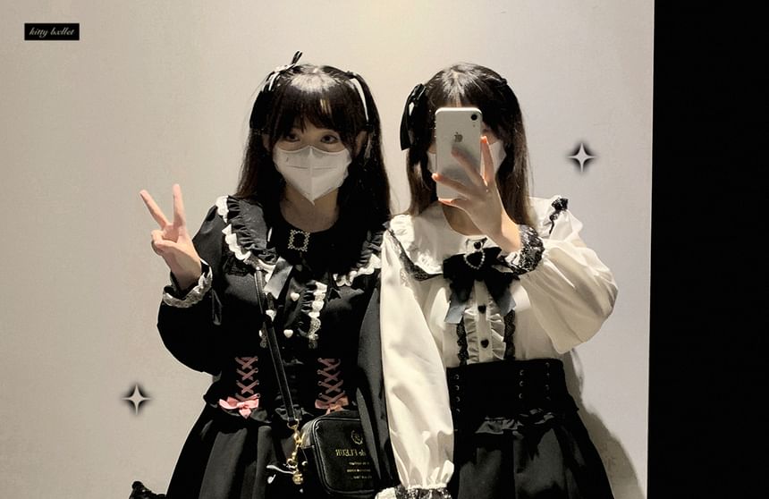 Collared Plain Bow Tie Lace Trim Blouse