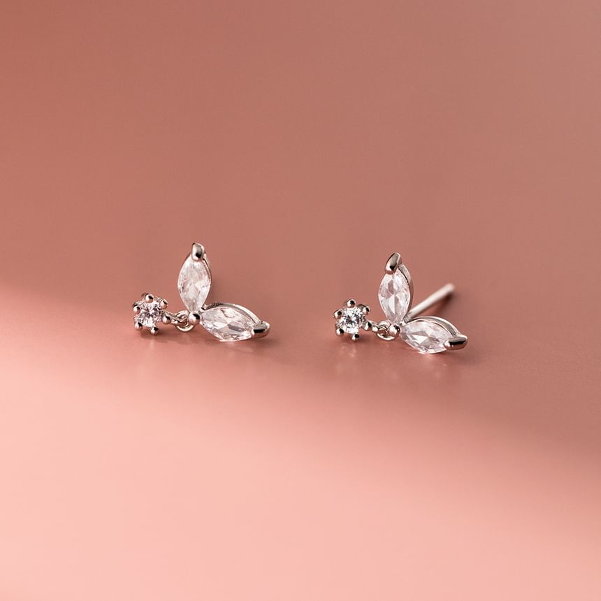 Sterling Silver Rhinestone Leaf Drop Earring