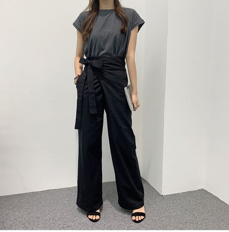 High Rise Plain Tie-Up Wide Leg Pants