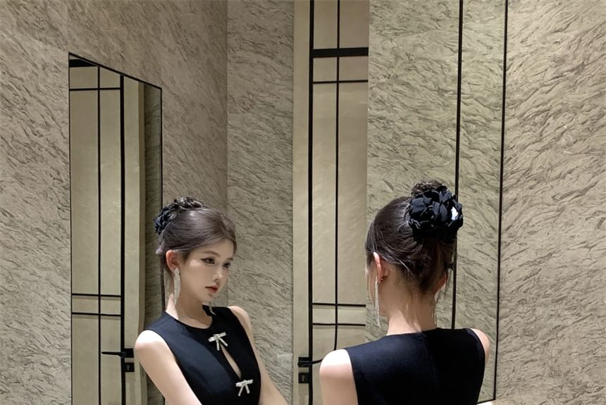 Mini Dress Sleeveless A-Line Cutout Plain Bow Neck Rhinestone Round