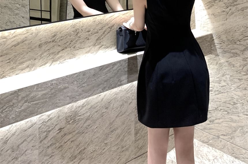 Mini Dress Sleeveless A-Line Cutout Plain Bow Neck Rhinestone Round