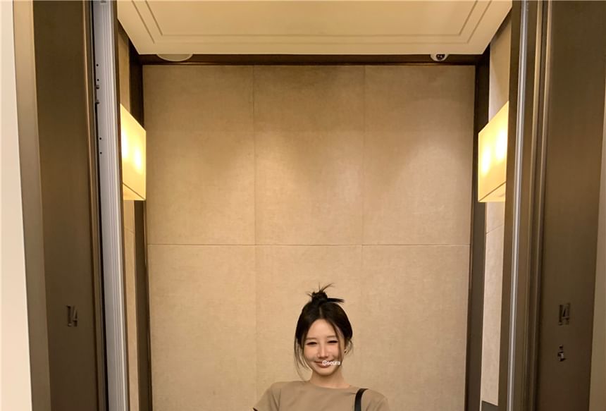 Two Embossed Lettering Crew Dress A-Line Plain Short-Sleeve Mock Neck Mini Piece