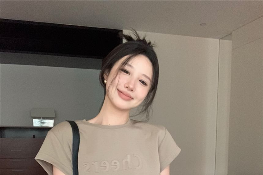 Two Embossed Lettering Crew Dress A-Line Plain Short-Sleeve Mock Neck Mini Piece