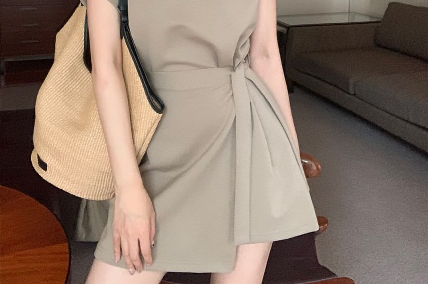 Two Embossed Lettering Crew Dress A-Line Plain Short-Sleeve Mock Neck Mini Piece