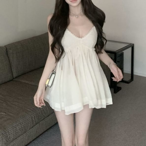 Mini Sundress Trim V-Neck Lace Spaghetti Strap Plain