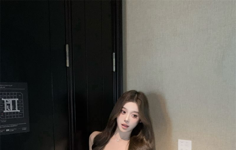 Mini Sundress Trim V-Neck Lace Spaghetti Strap Plain