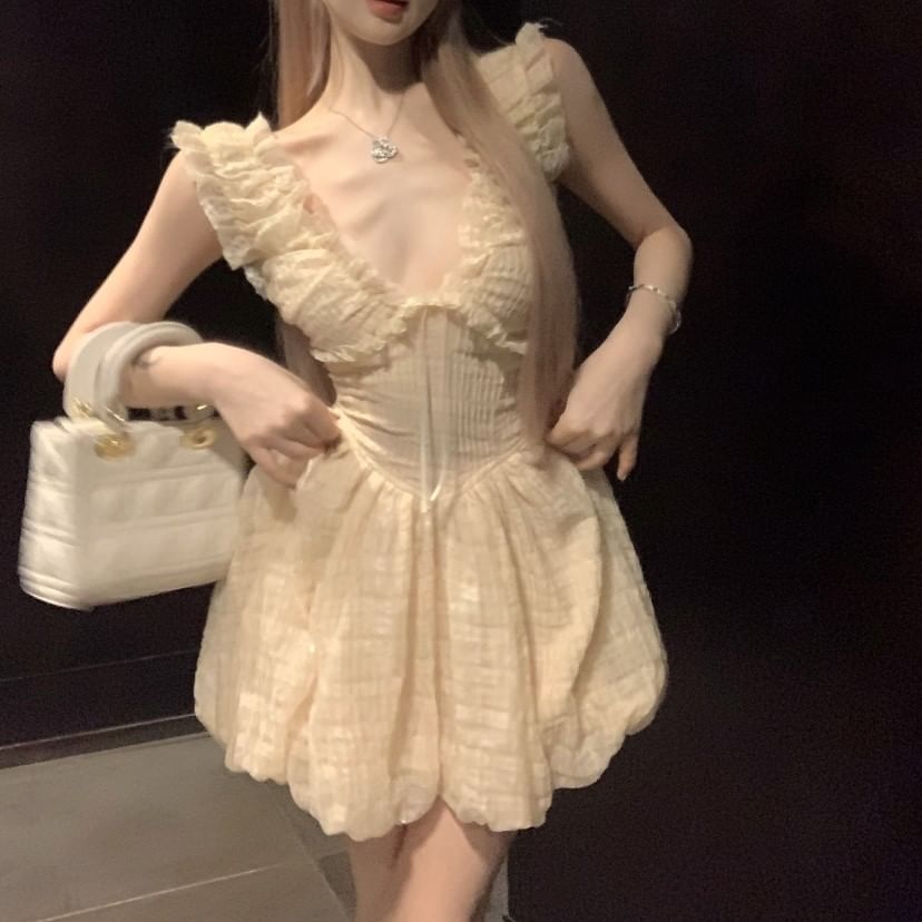 Plain Sleeveless Mini Dress A-Line Ruffle