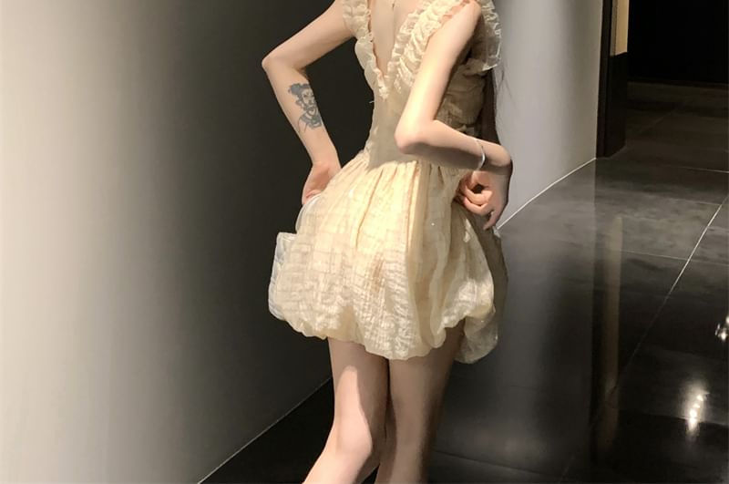 Plain Sleeveless Mini Dress A-Line Ruffle