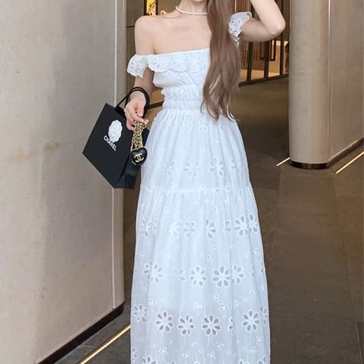Eyelet Ruffled Dress A-Line Off-Shoulder Midi Lace