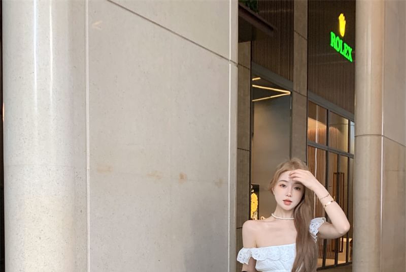 Eyelet Ruffled Dress A-Line Off-Shoulder Midi Lace