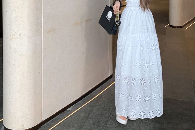 Eyelet Ruffled Dress A-Line Off-Shoulder Midi Lace