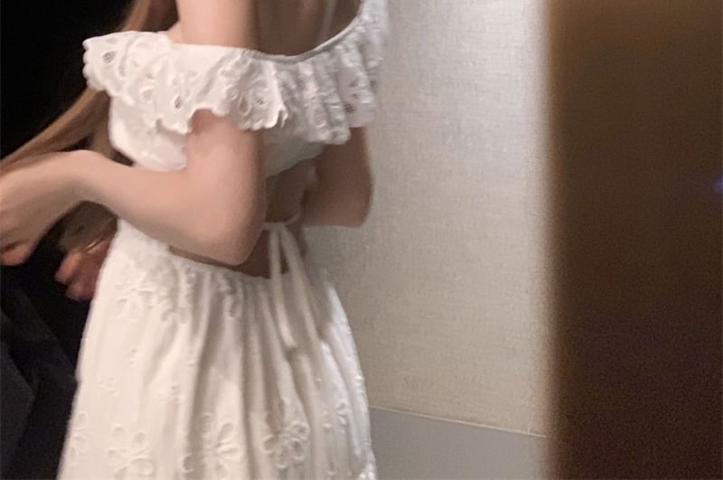 Eyelet Ruffled Dress A-Line Off-Shoulder Midi Lace