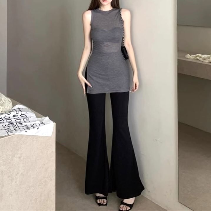 Flared / Sleeveless Crewneck Plain Top Pants