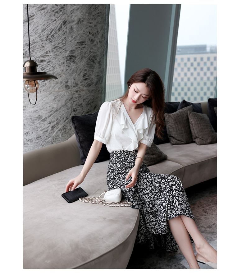 Print A-Line Floral Skirt Waist Elastic Midi