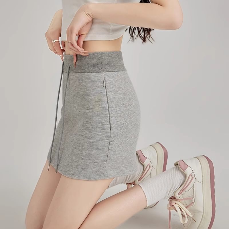 Pencil Drawstring Skirt Waist Mini Plain