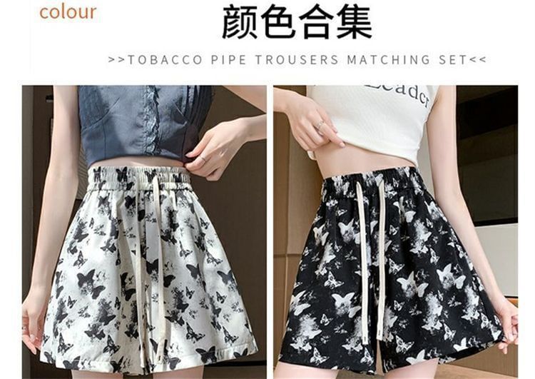 Shorts Drawstring Waist Butterfly Print
