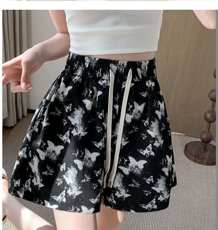 Shorts Drawstring Waist Butterfly Print
