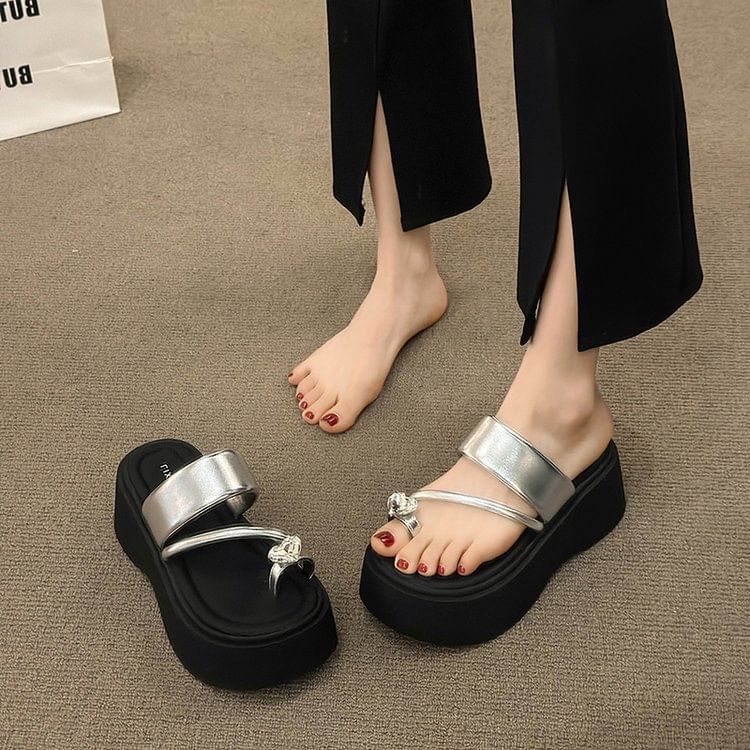 Heart Loop Sandals Toe Platform Rhinestone Slide