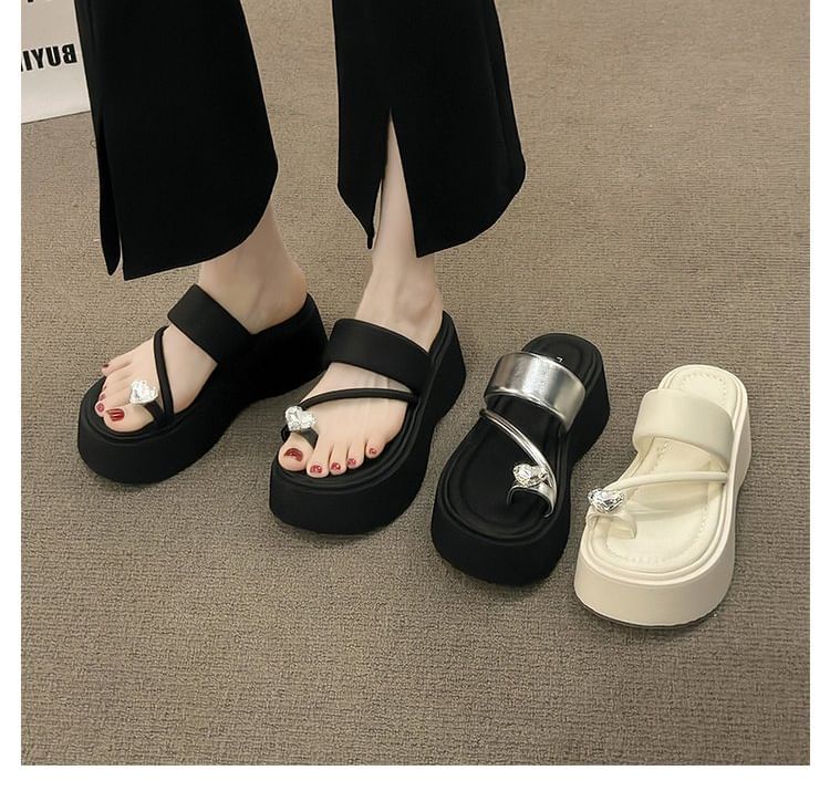 Heart Loop Sandals Toe Platform Rhinestone Slide