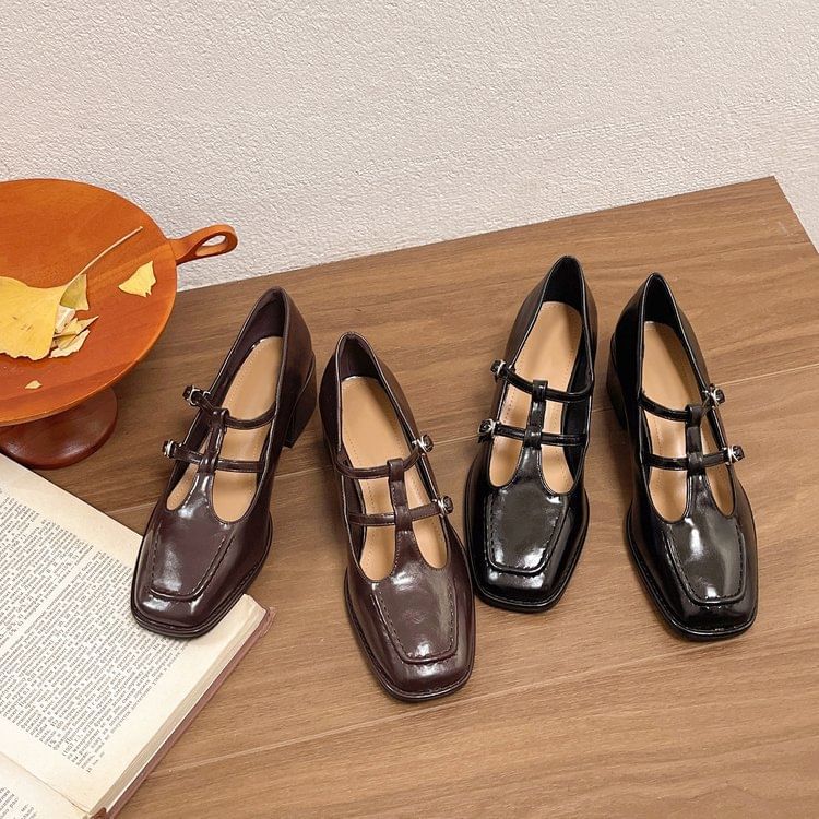 Square Pumps Jane Double-Strap Toe Chunky Heel Mary