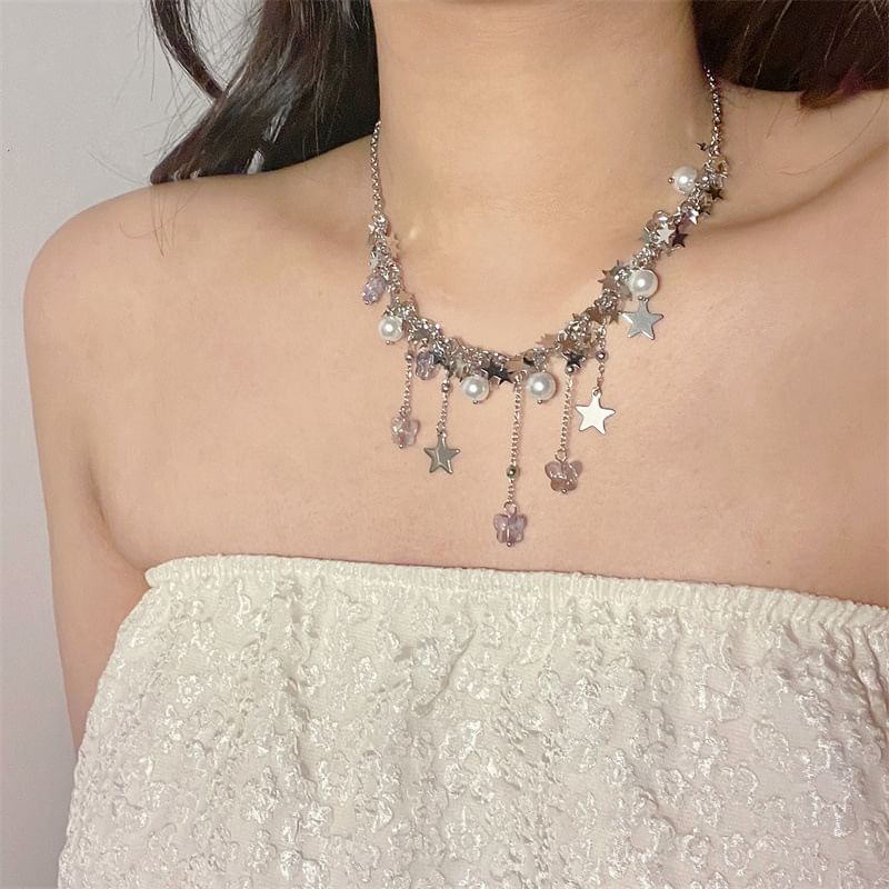Faux Pearl Necklace Star Beaded