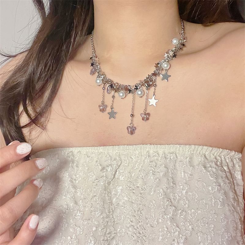 Faux Pearl Necklace Star Beaded