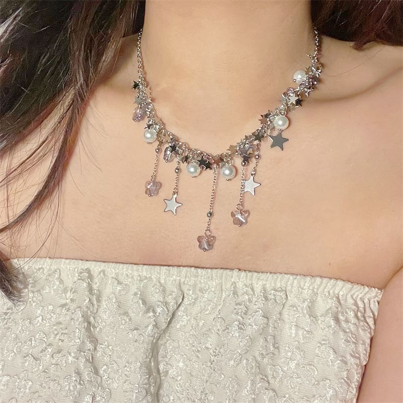 Faux Pearl Necklace Star Beaded