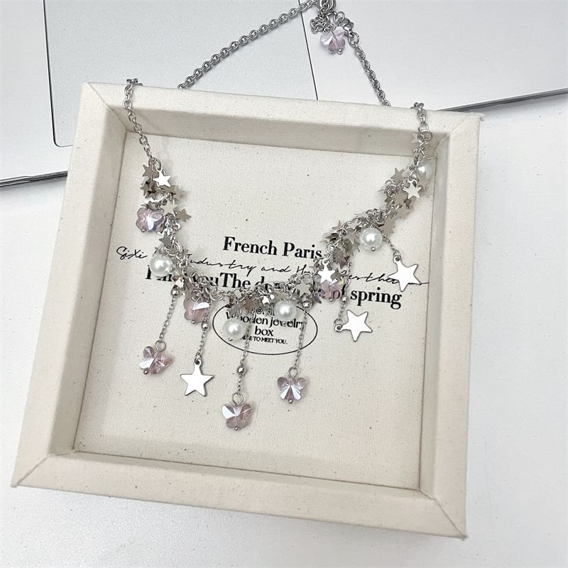 Faux Pearl Necklace Star Beaded