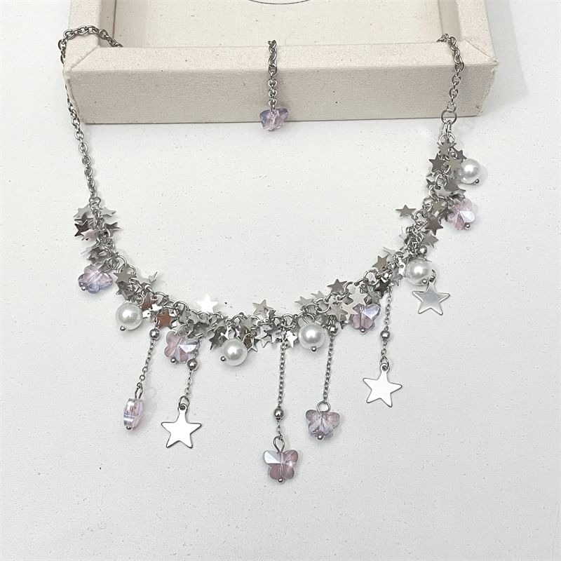 Faux Pearl Necklace Star Beaded