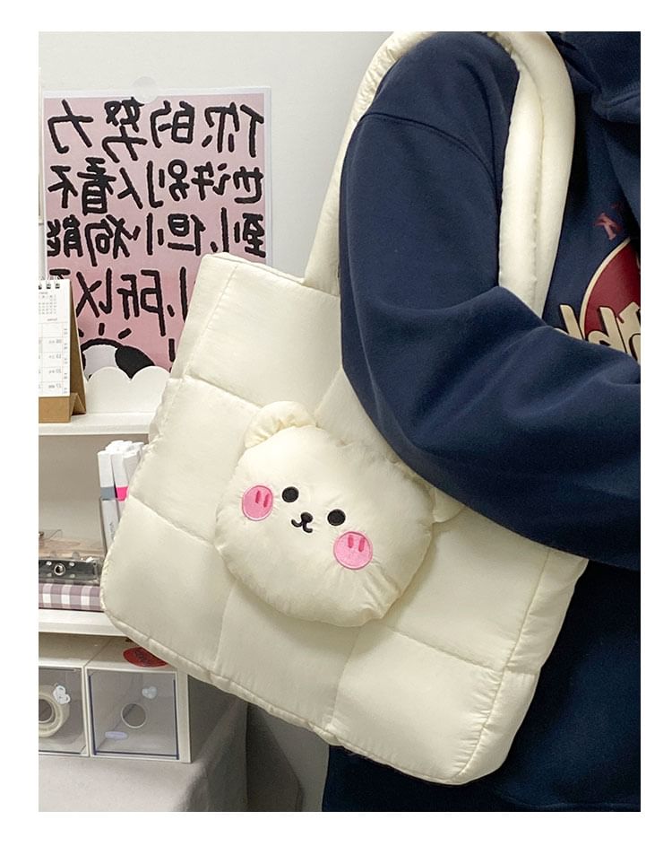 Applique Tote Bag Bear Nylon Quilted