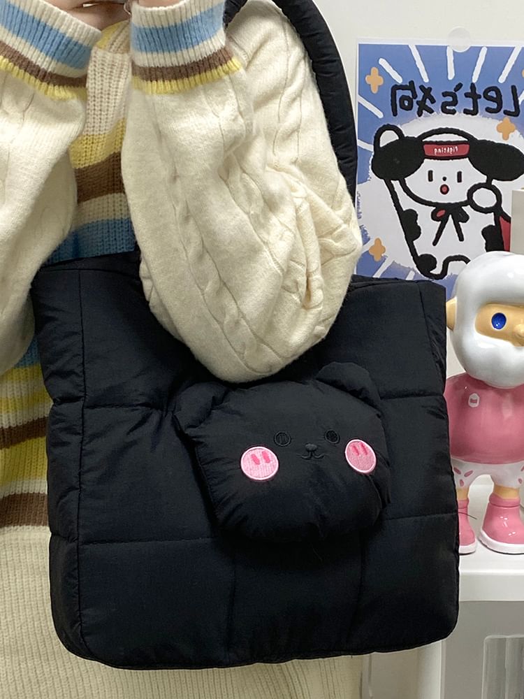 Applique Tote Bag Bear Nylon Quilted