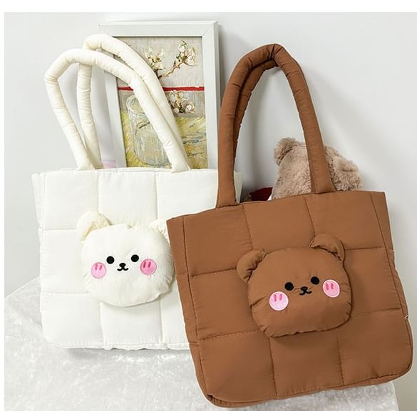 Applique Tote Bag Bear Nylon Quilted