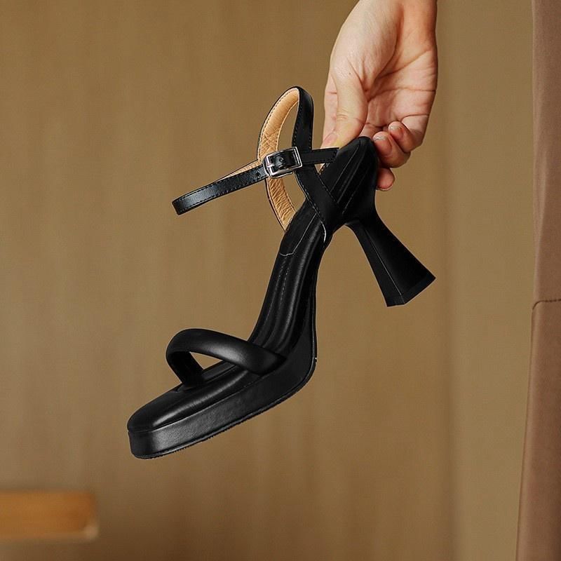 High Sandals Faux Strap Plain Ankle Square Leather Heel Toe
