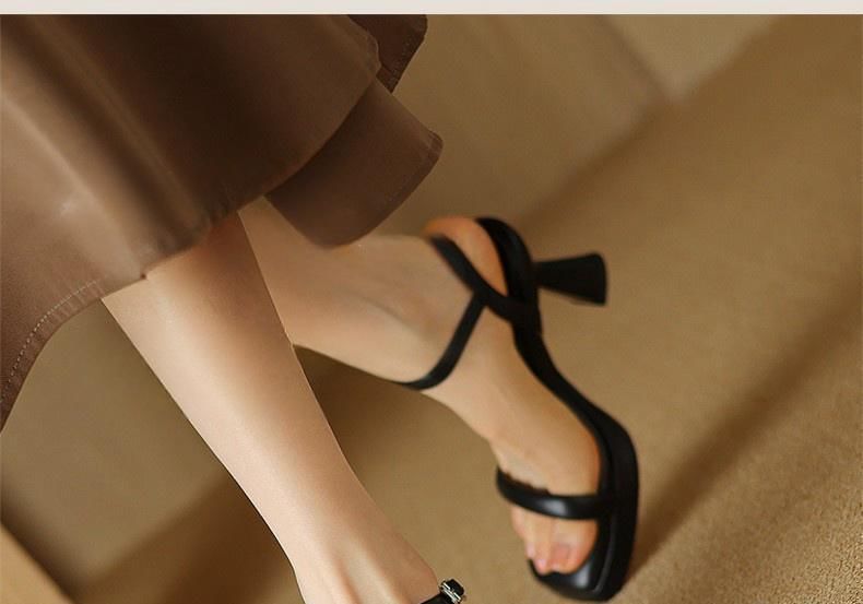 High Sandals Faux Strap Plain Ankle Square Leather Heel Toe