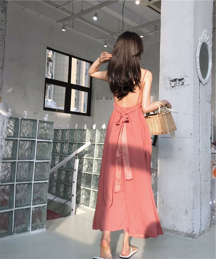 Maxi Sundress Back Spaghetti Plain Strap Open