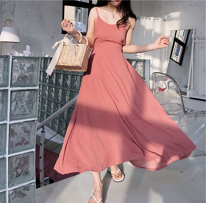 Maxi Sundress Back Spaghetti Plain Strap Open