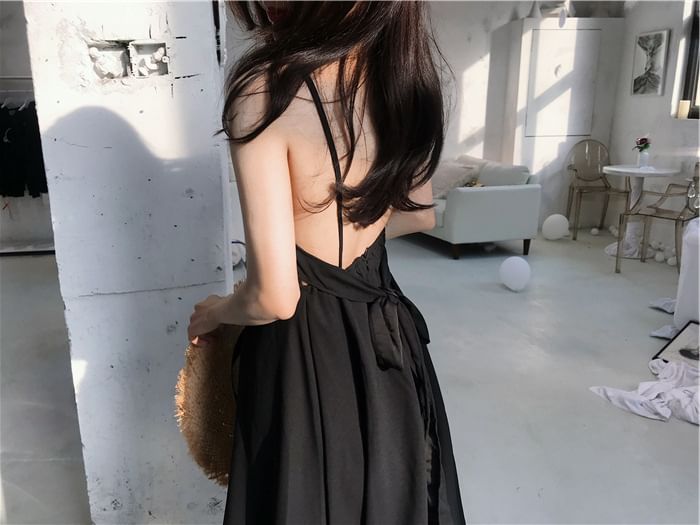 Maxi Sundress Back Spaghetti Plain Strap Open